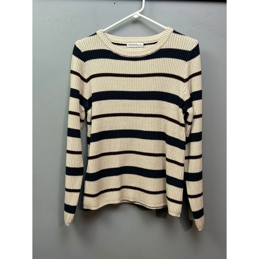 Zenana Sweater‎ Women Medium Cream Blue Striped Ribbed Knit Cotton Top Pullover